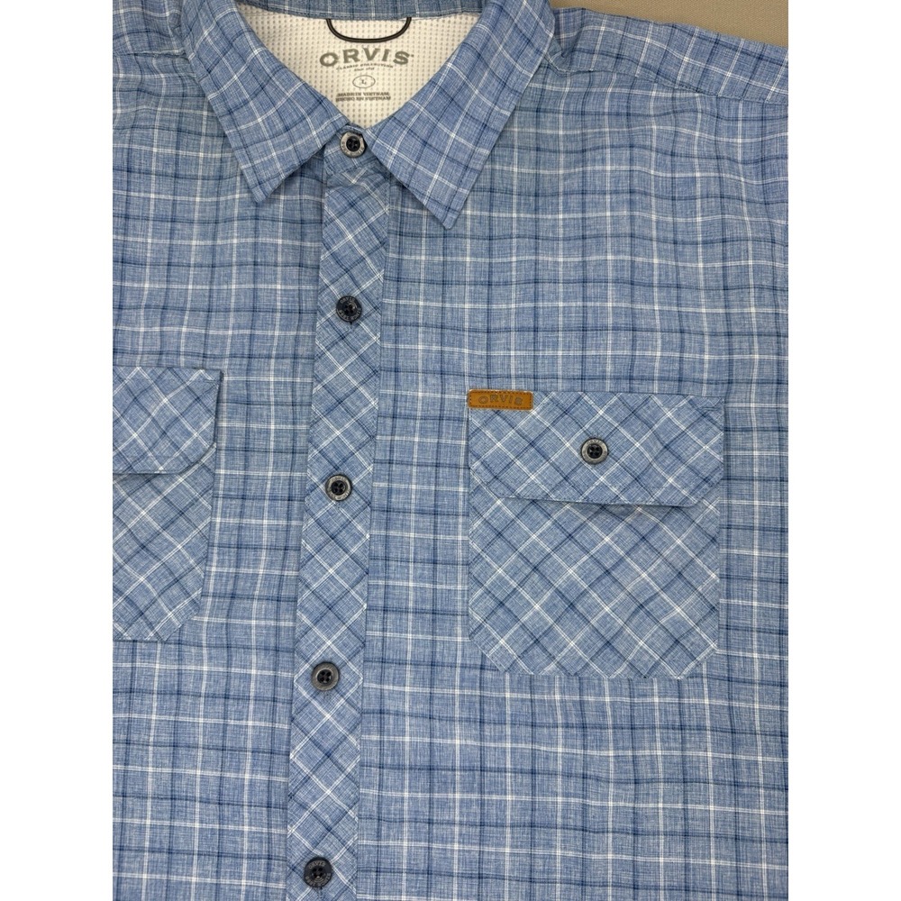 Orvis Shirt Mens L Blue Plaid Short Sleeve Utility Fly Fishing Hiking Button Up